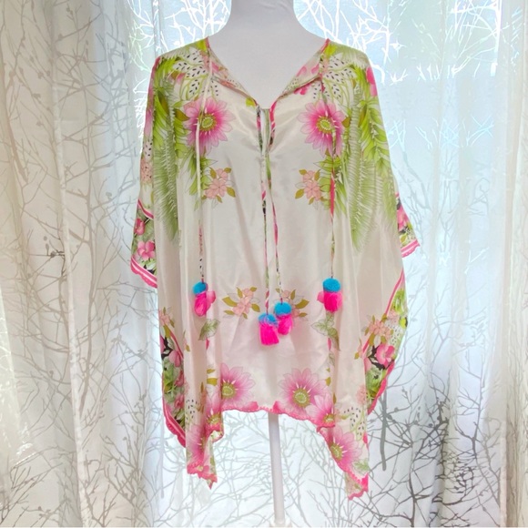 Johnny Was Sweaters - JOHNNY WAS white pink green floral print GALORE TASSEL TIE SILK PONCHO top